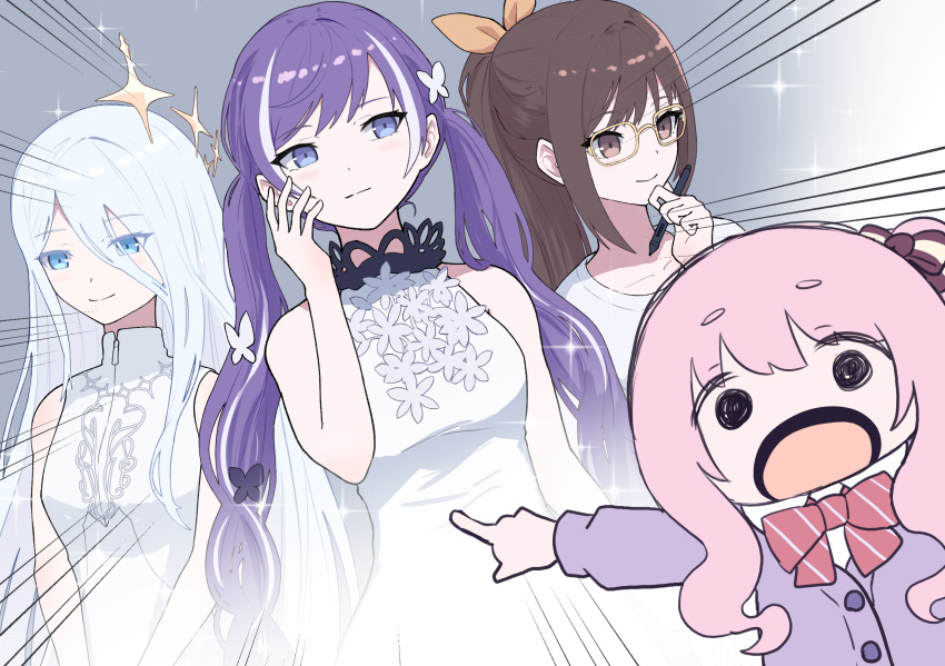 1other, 25-ji_nightcord_de._(project_sekai), 3girls, :o, akiyama_mizuki, alternate_hair_length_(longer), aoi_eno, arm_at_side