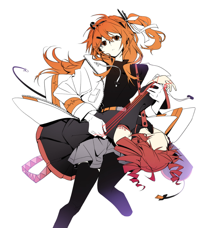 2girls, a.i._voice, absurdres, acostasu, adachi_rei, ahoge, alternate_hair_length_(longer), arched_back, armband, belt, black_pantyhose, black_shirt, black_skirt, black_sleeves, black_sweater, bow, chinese_commentary, closed_mouth, commentary_request, cropped_legs, detached_sleeves, double-parted_bangs, drawstring, drill_hair, empty_eyes, faceless, faceless_female, flat_chest, from_below, frown, gloves, grey_skirt, hair_between_eyes, hair_bow, hair_ornament, highres, holding, holding_string, hood, hood_down, hooded_jacket, huge_ahoge, jacket, kasane_teto, kasane_teto_(utau), knees_together_feet_apart, long_hair, long_sleeves, looking_up, lying, miniskirt, multiple_girls, number_tattoo, on_back, one_side_up, open_clothes, open_jacket, orange_armband, orange_belt, orange_eyes, orange_hair, pantyhose, pleated_skirt, pocket, red_hair, red_trim, shirt, short_hair, shoulder_tattoo, simple_background, skirt, sleeveless, sleeveless_shirt, solo_focus, string, sweater, tattoo, turtleneck, turtleneck_sweater, twin_drills, utau, white_background, white_bow, white_gloves, white_jacket, zipper