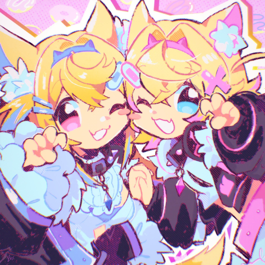 2girls, :3, :d, animal_ears, blonde_hair, blue_eyes, cheek-to-cheek, claw_pose