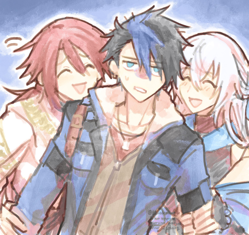 1girl, 2boys, :d, aaron_wei, biuedestinati0n, black_hair, blue_background, blue_eyes