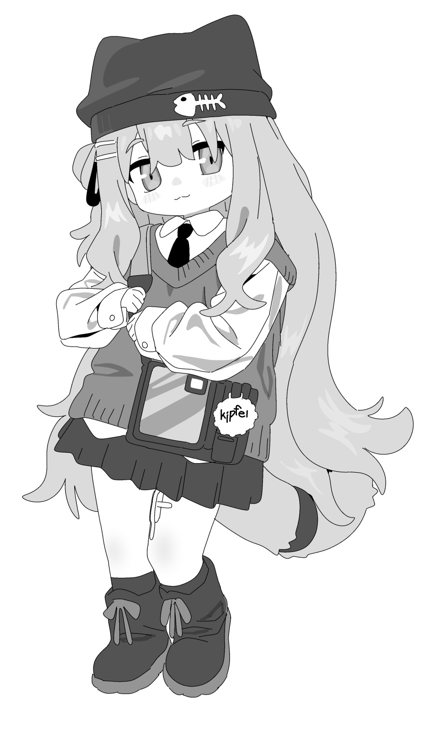 1girl, absurdres, blush, boots, closed_mouth, collared_shirt, full_body, greyscale, hair_between_eyes, hair_ornament, hairclip, hat, highres, kipfel_(vrchat), long_hair, long_sleeves, looking_at_viewer, mochui, monochrome, pleated_skirt, shirt, skirt, sleeves_past_wrists, solo, standing, very_long_hair, vrchat, white_background