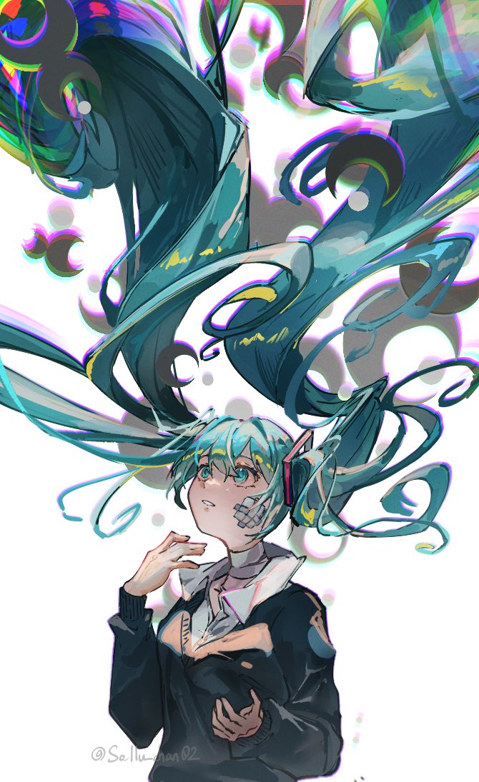 1girl, bandaged_neck, bandages, blue_eyes, blue_hair, chromatic_aberration, collared_shirt, crescent