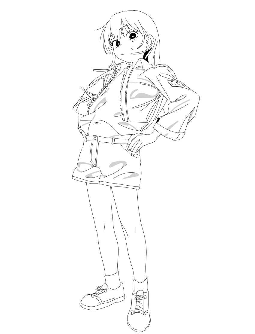 1girl, absurdres, blush, clothes_writing, full_body, greyscale, highres, jacket