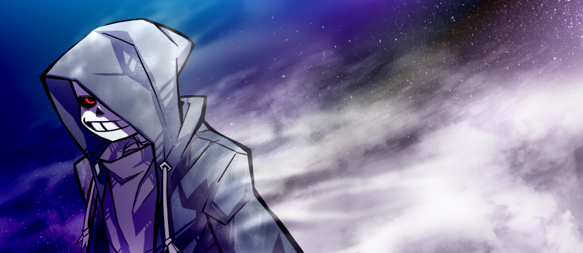 1boy, :d, alternate_universe, arms_at_sides, black_sclera, blue_jacket, blue_sky, colored_sclera
