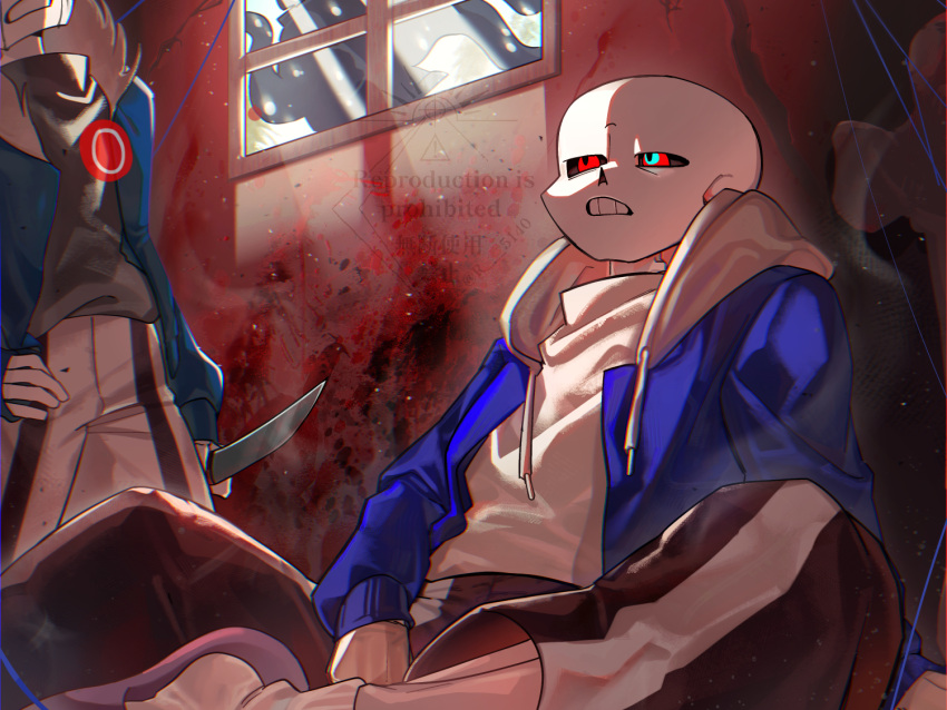 2boys, alternate_universe, ankle_socks, arm_between_legs, black_pants, black_sclera, black_sweater, blue_eyes