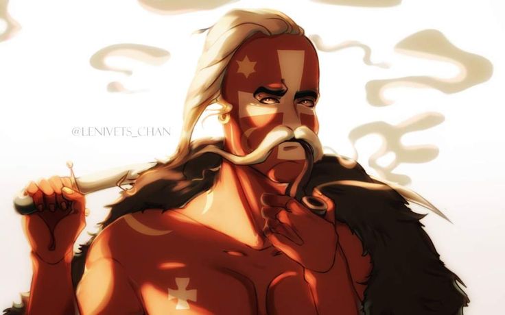 1boy, artist_name, cossack, countryhumans, facial_hair, holding, holding_smoking_pipe, holding_sword