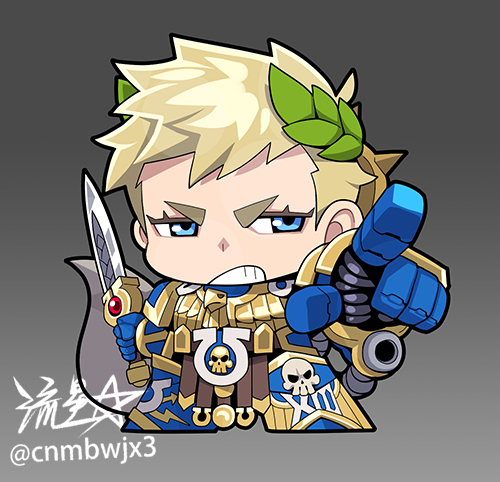 1girl, adeptus_astartes, angry, armor, artist_name, blonde_hair, blue_eyes, chibi