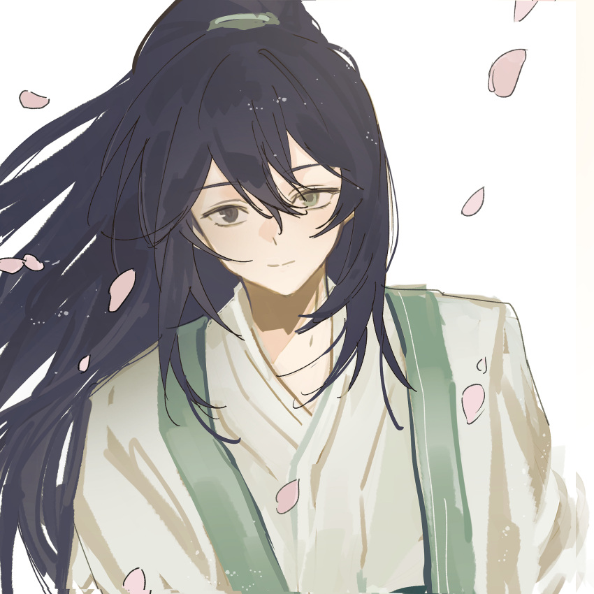 1boy, aqua_eyes, black_eyes, black_hair, chinese_clothes, closed_mouth, corrupted_twitter_file, falling_petals