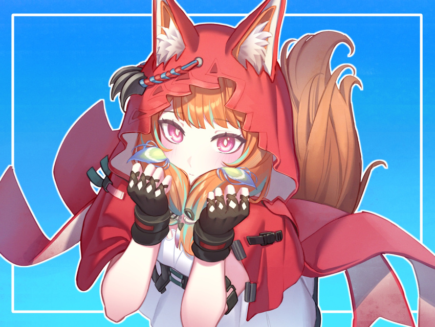 1girl, animal_ear_fluff, animal_ears, arknights, arknights:_endfield, black_gloves, blue_background, cape