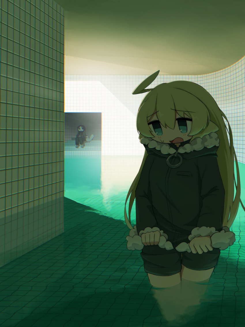 2girls, absurdres, ahoge, backrooms_(creepypasta), blonde_hair, blue_eyes, chito_(shoujo_shuumatsu_ryokou), dream_pool