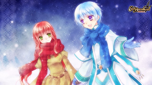 1boy, 1girl, alternate_costume, blue_gloves, blue_hair, blue_scarf, dress, end_breaker!