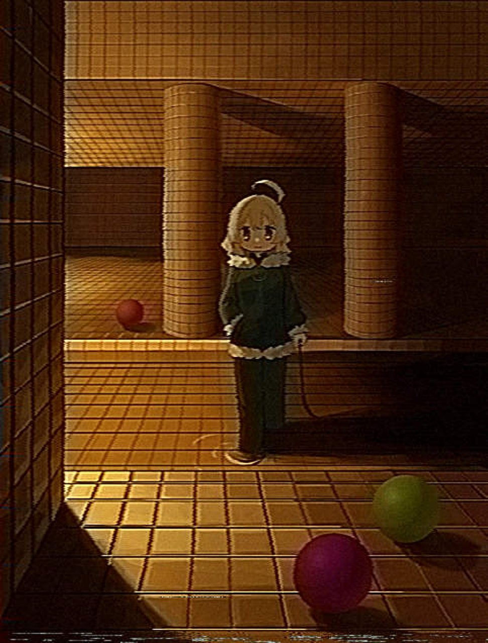 1girl, ahoge, backrooms_(creepypasta), ball, blonde_hair, ceiling, closed_mouth, column