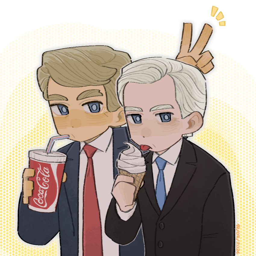 2boys, animification, arm_at_side, arm_up, bags_under_eyes, blonde_hair, blue_eyes, blue_jacket