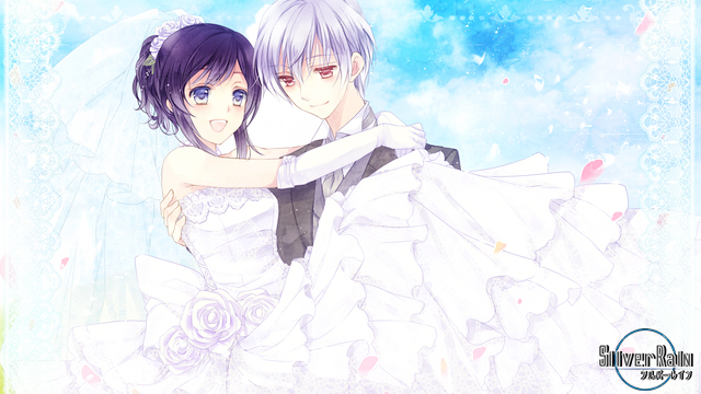 1boy, 1girl, blue_eyes, bridal_gauntlets, clouds, copyright_name, day, dress