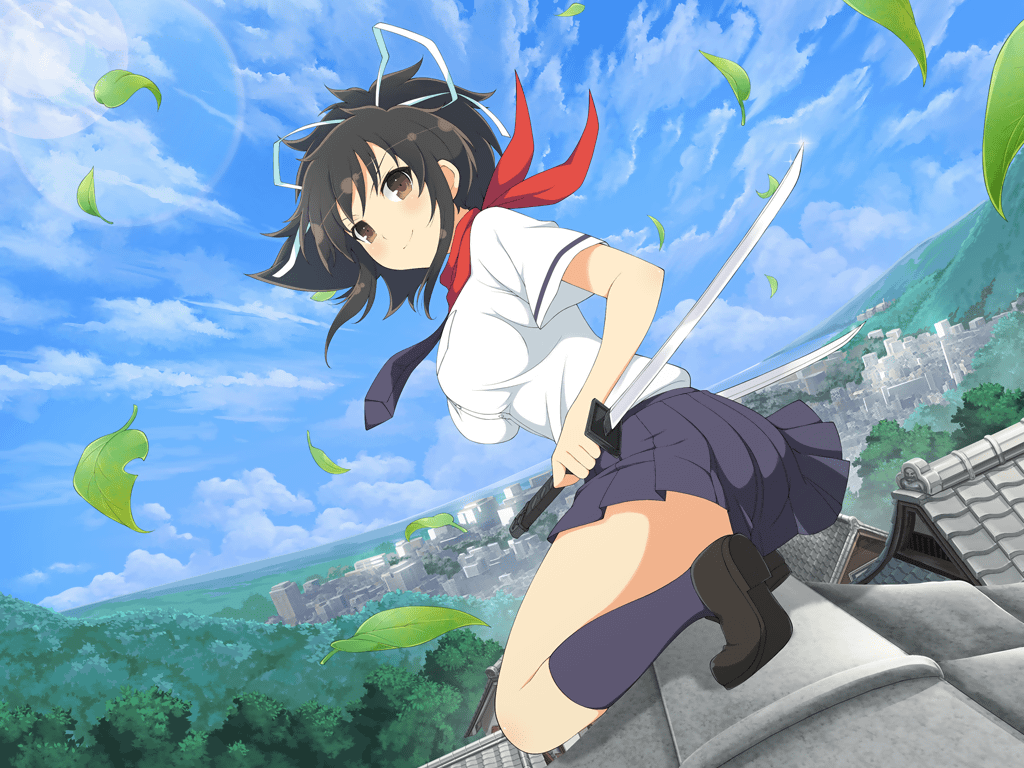 1girl, architecture, asuka_(senran_kagura), blue_necktie, blue_skirt, blue_sky, blue_socks, blue_trim