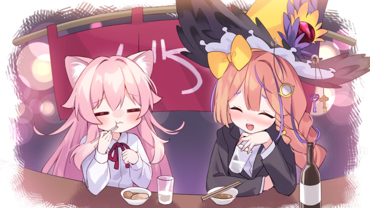 2girls, alcohol, animal_ears, artist_request, black_jacket, blush, bow, braid