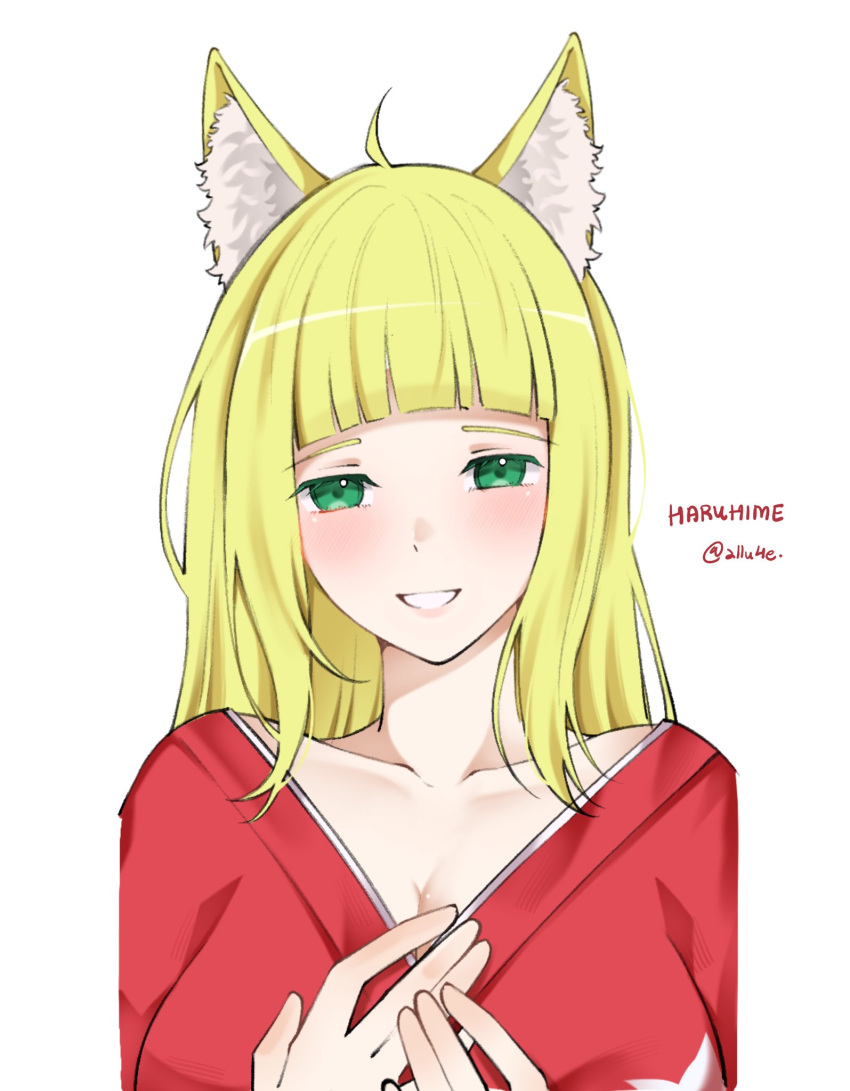 1girl, allu4e, animal_ear_fluff, artist_name, blonde_hair, breasts, character_name, collarbone, commentary, dungeon_ni_deai_wo_motomeru_no_wa_machigatteiru_darou_ka, green_eyes, highres, japanese_clothes, kimono, large_breasts, long_hair, looking_at_viewer, open_mouth, red_kimono, sanjouno_haruhime, smile, solo