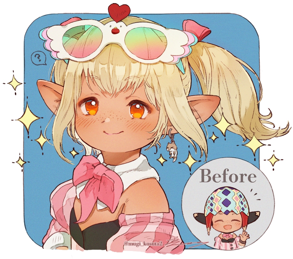 1girl, ?, ^_^, animal-themed_eyewear, blonde_hair, closed_eyes, commentary_request, earrings, eyewear_on_head, final_fantasy, final_fantasy_xiv, gradient-tinted_eyewear, jewelry, lalafell, looking_at_viewer, mugi_kosuta, multiple_views, nonotta_(ff14), orange_eyes, pointy_ears, signature, sparkle, sparkling_aura, spoken_question_mark, sunglasses, tan, tinted_eyewear, twitter_username