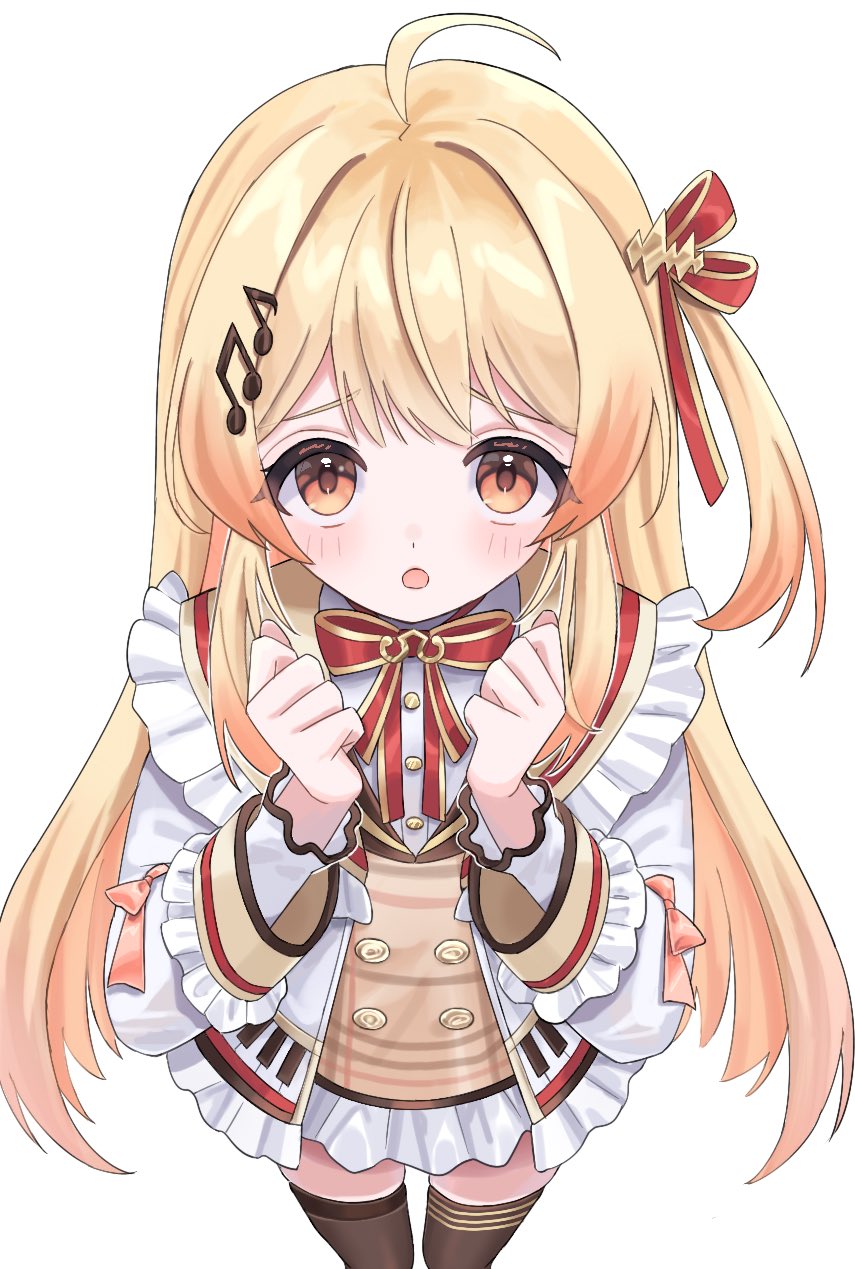 1girl, ahoge, black_thighhighs, blush, brown_dress, commentary, dress, hair_ornament, highres, hololive, hololive_dev_is, jacket, kuromoko, long_hair, looking_at_viewer, musical_note, musical_note_hair_ornament, one_side_up, open_mouth, otonose_kanade, otonose_kanade_(1st_costume), red_eyes, solo, thigh-highs, very_long_hair, virtual_youtuber, white_background, white_jacket