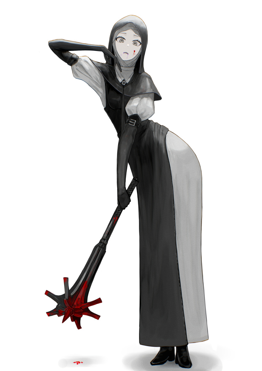 1girl, apron, black_apron, black_boots, black_capelet, black_gloves, black_hood, blood, blood_drip, blood_from_mouth, blood_on_face, boots, capelet, coif, commentary_request, dress, elbow_gloves, elden_ring, elden_ring_nightreign, flanged_mace, full_body, gloves, grey_eyes, highres, jewelry, mace, necklace, nun, open_mouth, pale_skin, solo, standing, triangle_del, undertaker_(elden_ring), weapon, white_background, white_coif, white_dress, wiping_mouth