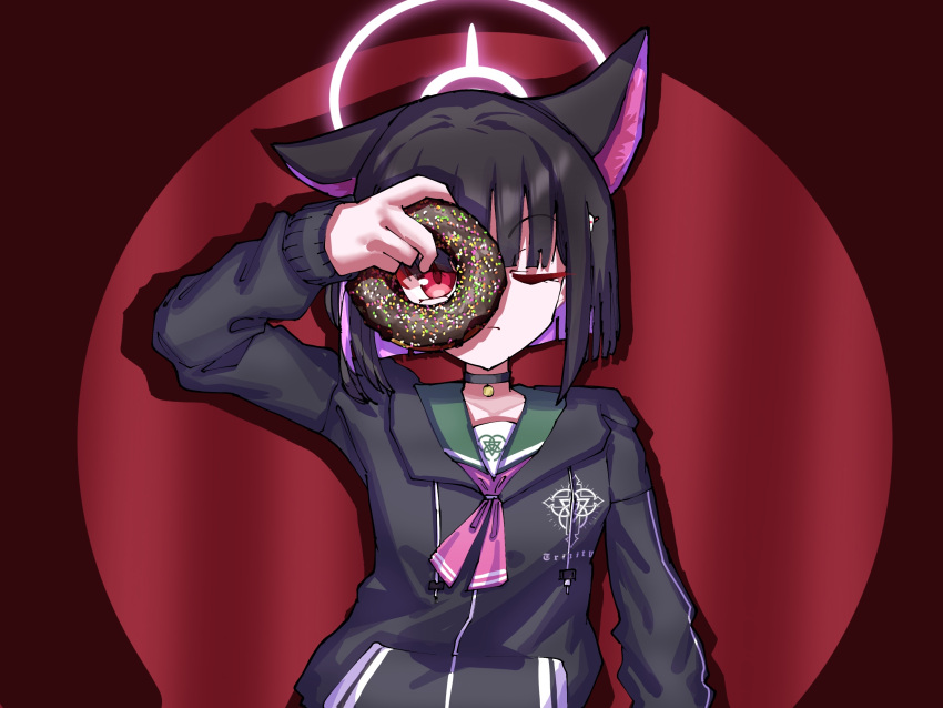 1girl, animal_ears, black_choker, black_hair, black_hoodie, black_jacket, blue_archive, blunt_bangs