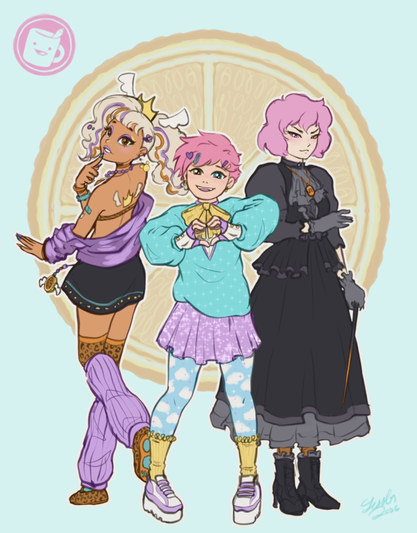 3girls, blonde_hair, blush, bob_cut, dark_skin, drawfee, dress, fairy_kei, food, fruit, full_face_makeup, ganguro, gothic_lolita, gyaru, hair_ornament, highlighter_(makeup), highres, jacoba, jessicagem, jewelry, karinaf, leg_warmers, lolita_fashion, long_sleeves, magical_girl, makeup, multiple_girls, nathany, orange_(fruit), pantyhose, pink_hair, ponytail, print_pantyhose, puffy_sleeves, rouge_(makeup), shoes, short_hair, smile, socks, yume_kawaii