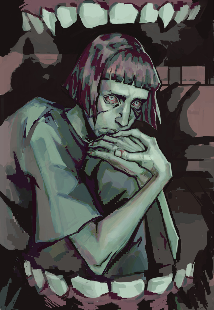 1girl, bib1nsky, blunt_bangs, bob_cut, cashier_girl_(no_i'm_not_a_human), closed_mouth, commentary, english_commentary