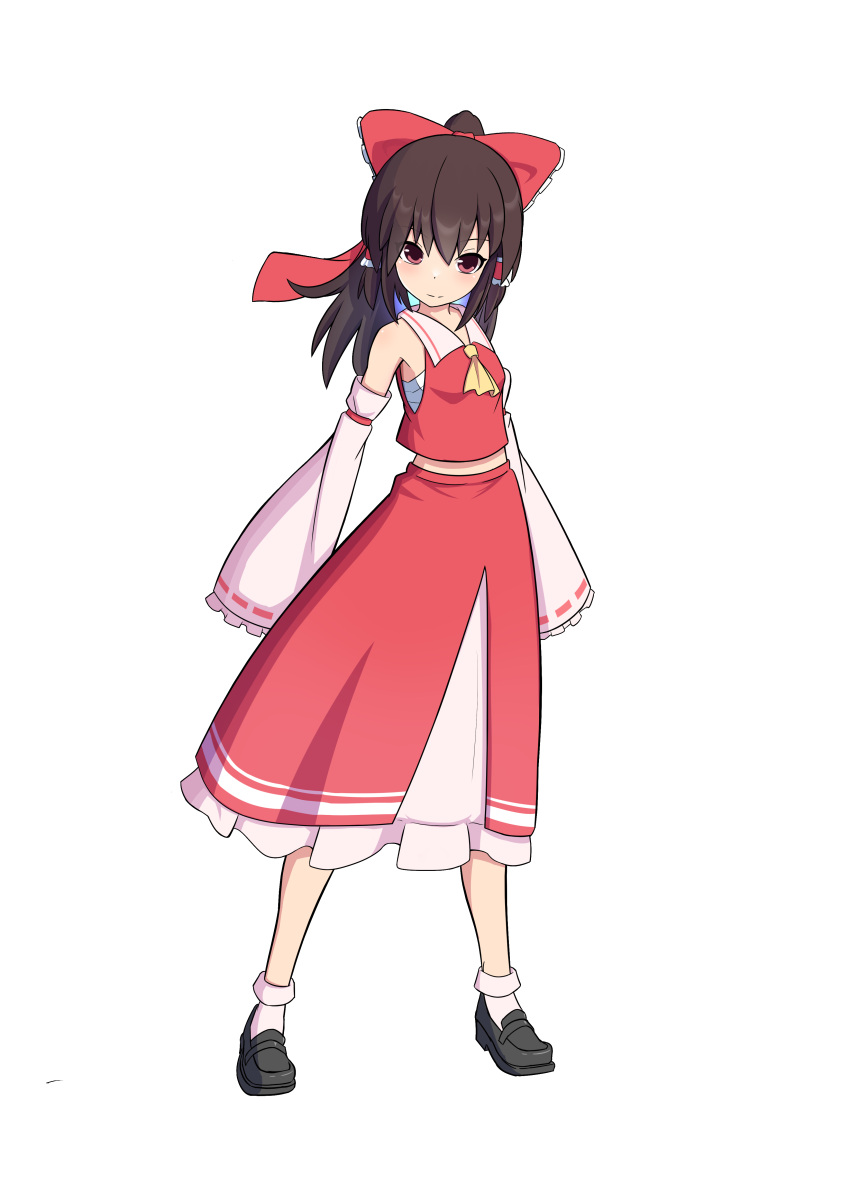 1girl, absurdres, ascot, black_shoes, bow, breasts, brown_hair, closed_mouth