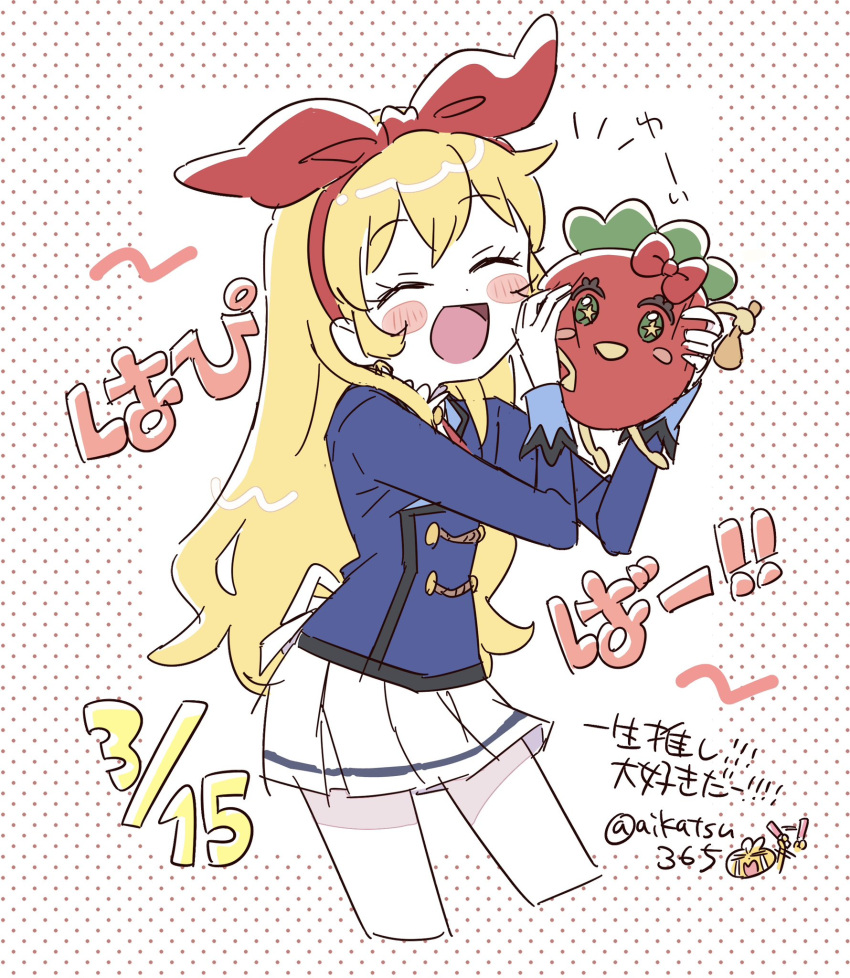 1girl, :d, aikatsu!, aikatsu!_(series), aikatsu365, blonde_hair, blue_jacket, bow