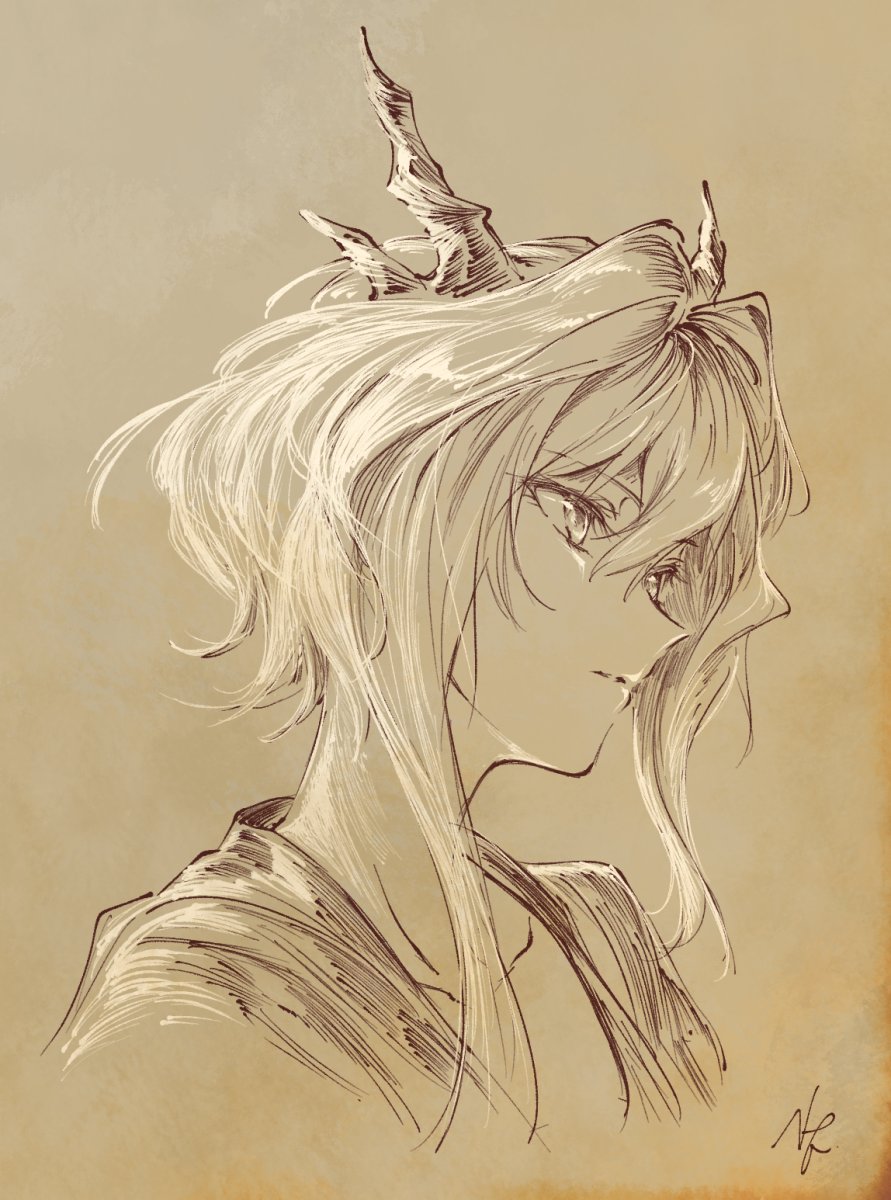 1girl, arknights, brown_background, commentary_request, dragon_girl, dragon_horns, hair_between_eyes, highres