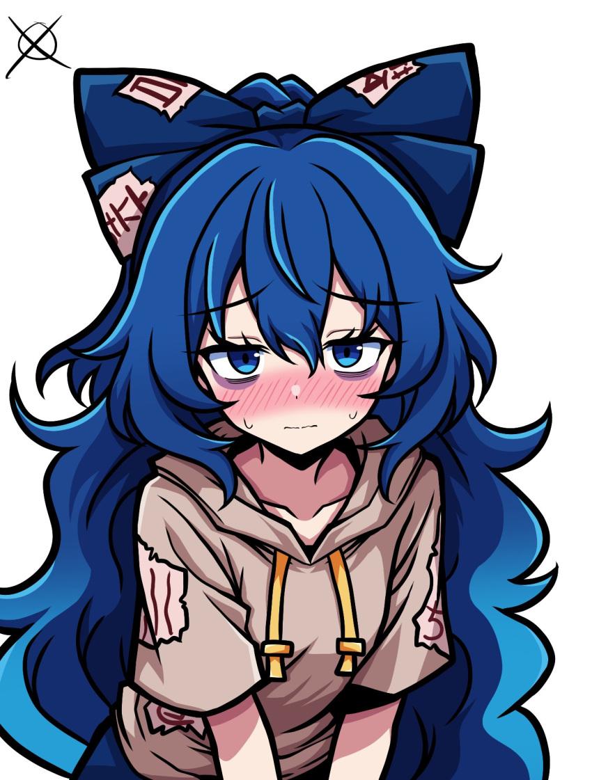 1girl, arianne20131, bags_under_eyes, blue_bow, blue_eyes, blue_hair, blush, bow