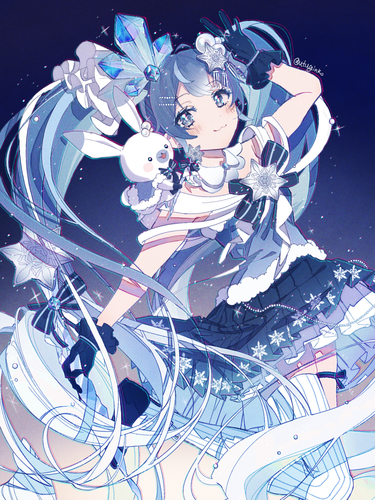 1girl, 1other, :3, animal, aqua_hair, blue_dress, blue_eyes, blue_gloves, blue_hair, blue_skirt, blush, closed_mouth, commentary_request, dress, feet_out_of_frame, gloves, hair_between_eyes, hair_ornament, hatsune_miku, holding, holding_staff, long_hair, looking_at_viewer, official_alternate_costume, official_alternate_hairstyle, open_mouth, pleated_skirt, rabbit, rabbit_yukine, single_thighhigh, skirt, smile, snowflake_hair_ornament, snowflake_ornament, snowflake_print, snowflakes, staff, striped_clothes, striped_thighhighs, thigh-highs, twintails, utuginko696, very_long_hair, vocaloid, wand, white_hair, white_rabbit_(animal), white_thighhighs, yuki_miku, yuki_miku_(2025)