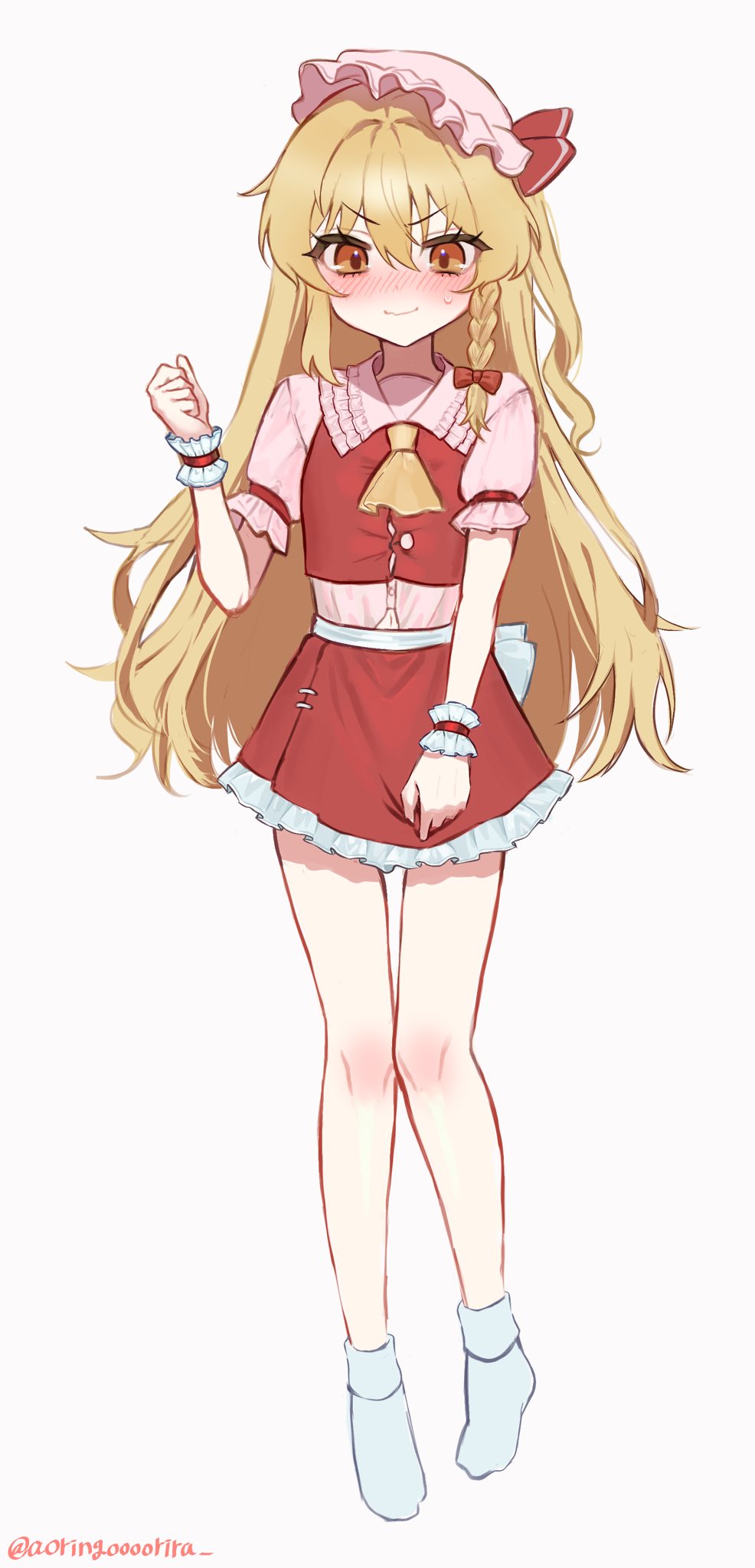 1girl, alternate_costume, aorin_oekaki, ascot, blonde_hair, blush, bow, braid