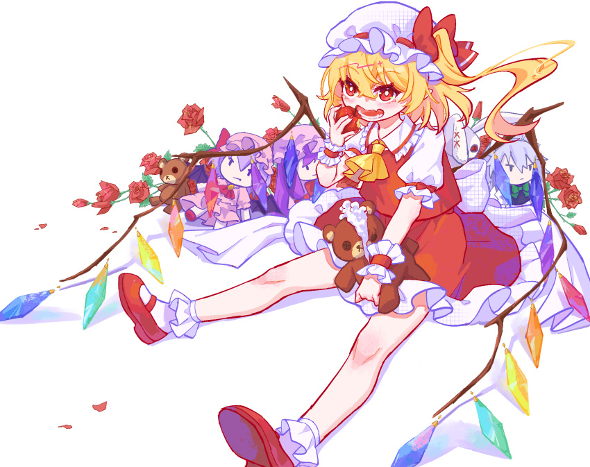 1girl, apple, ascot, back_bow, blonde_hair, bow, bright_pupils, character_doll