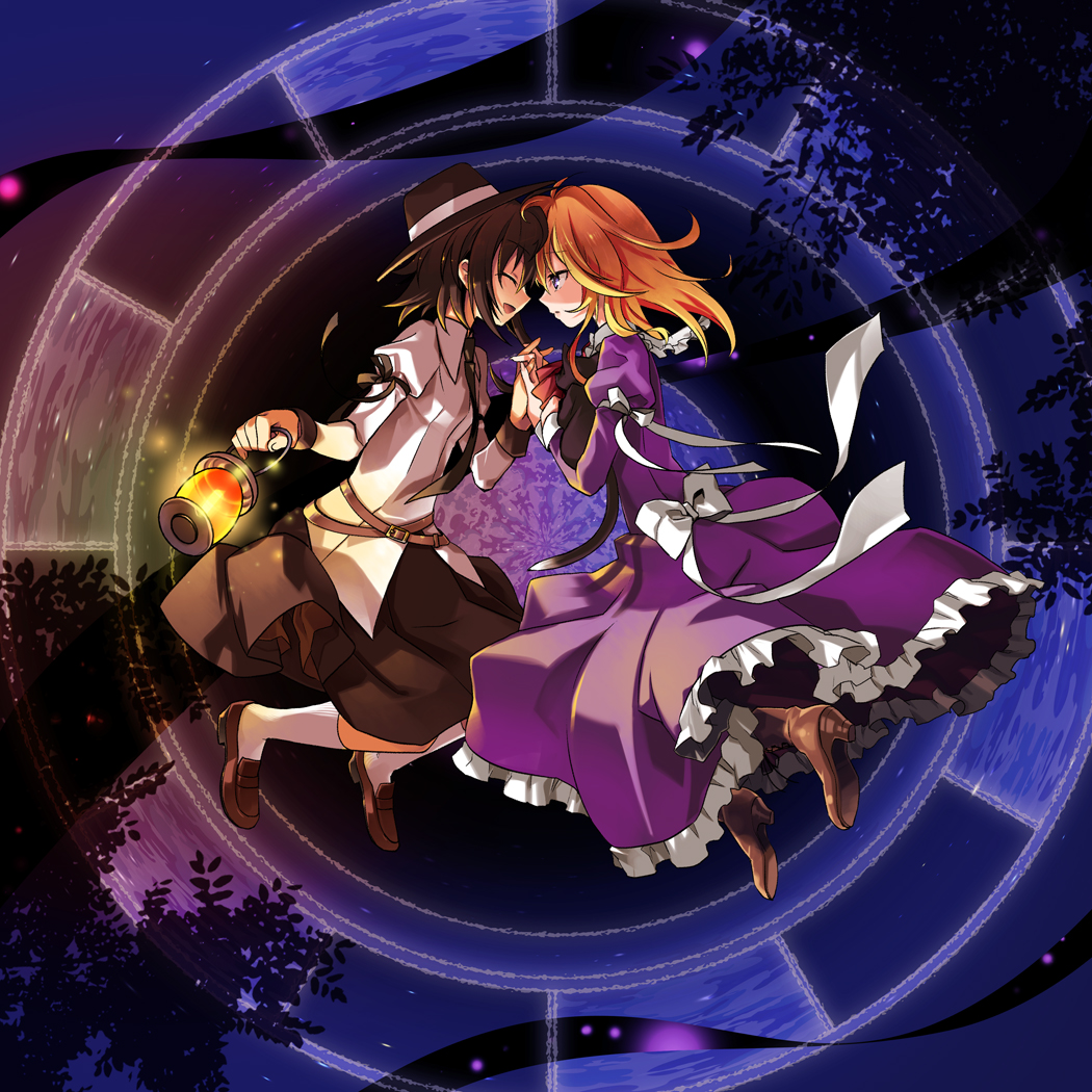 belt, blonde_hair, brown_hair, buckle, cat, closed_eyes, dress, dress_shirt, eyes_closed, hand_holding, hands_clasped, hat, holding_hands, interlocked_fingers, lantern, maribel_hearn, multiple_girls, necktie, negi_(ulogbe), night, no_hat, no_headwear, shirt, skirt, smile, star_(sky), touhou, tree, ulogbe, usami_renko