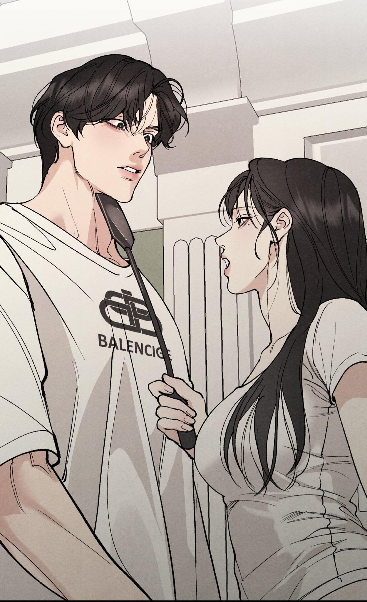 1boy, 1girl, balenciaga, black_eyes, black_hair, breasts, collarbone, hand_up