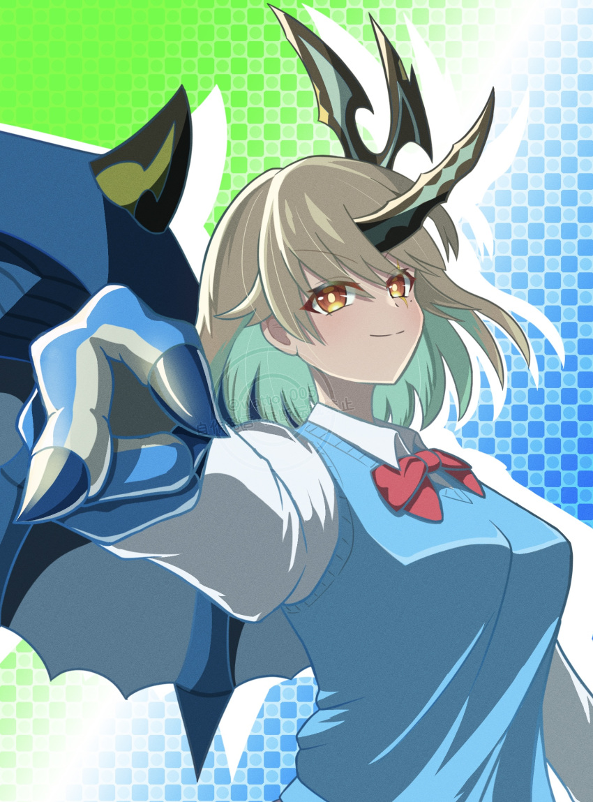 1girl, aqua_hair, blue_sweater_vest, bow, bowtie, breasts, claws, closed_mouth