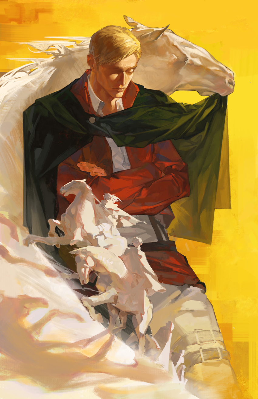 1other, 2boys, absurdres, cloak, closed_eyes, closed_mouth, collared_shirt, commentary