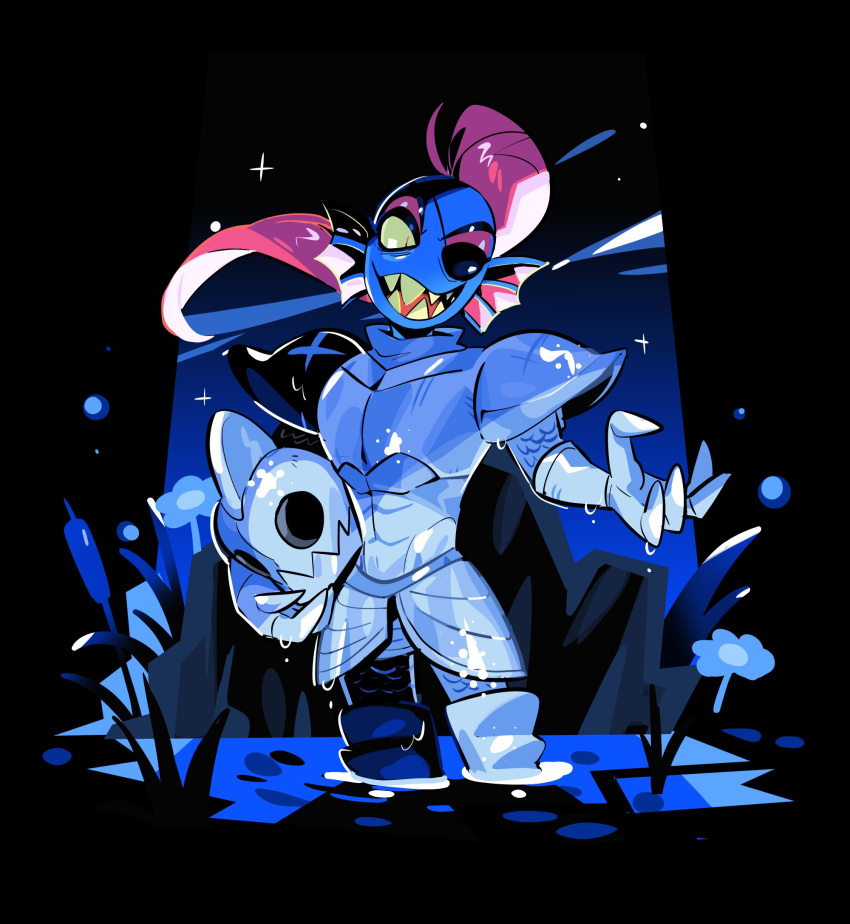 1girl, armor, armored_boots, black_background, blue_flower, blue_skin, boots, breastplate