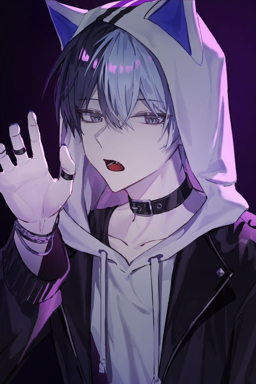 1boy, absurdres, animal_ears, aoyagi_touya, belt, belt_buckle, belt_collar, black_background