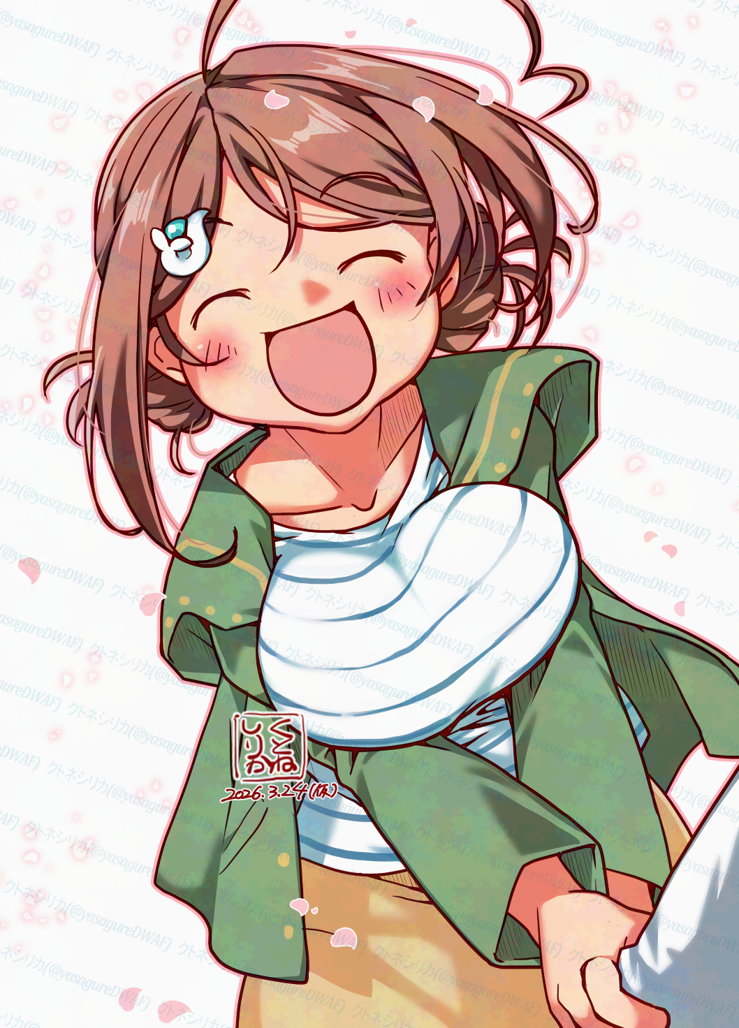 1girl, 1other, ahoge, artist_logo, braid, braided_bun, brown_hair, chougei_(kancolle)