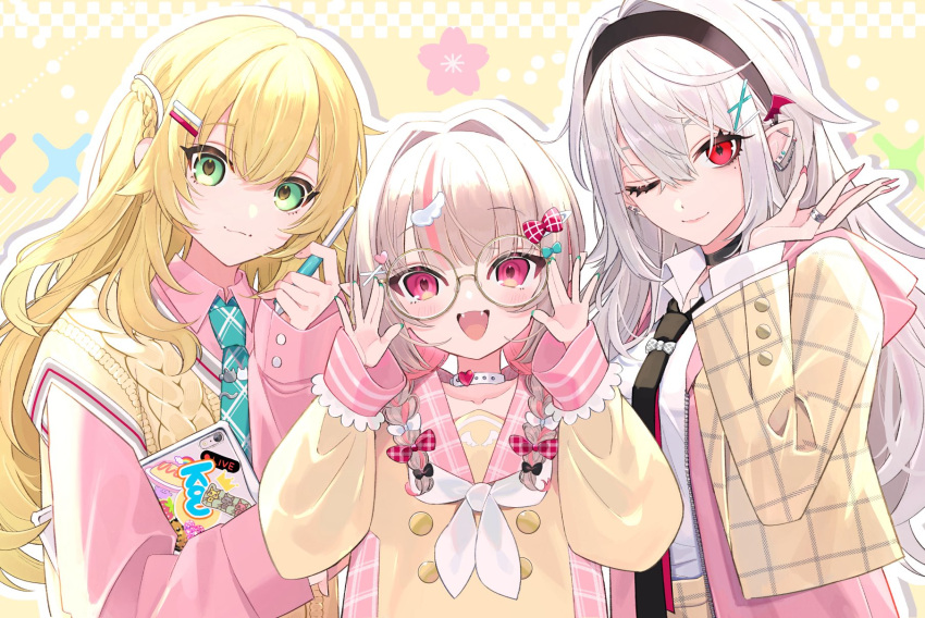 1boy, 2girls, :3, alternate_costume, blonde_hair, braid, brown_hair, cardigan