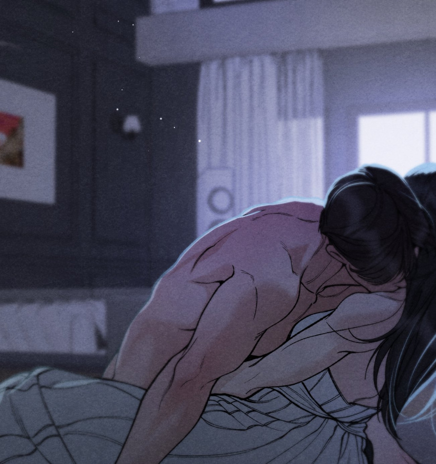 1boy, 1girl, arm_out_of_frame, backless_outfit, bedroom, black_hair, blurry, blurry_background, breasts, clothed_female_nude_male, collarbone, commentary_request, couple, curtains, depth_of_field, dim_lighting, dress, feet_out_of_frame, foreplay, hbd_1025, hetero, highres, indoors, kiss, kissing_neck, kissing_shoulder, korean_commentary, long_hair, nude, official_art, on_bed, original, parted_bangs, short_hair, sleeveless, sleeveless_dress, topless_female, topless_male, upper_body, white_dress, window