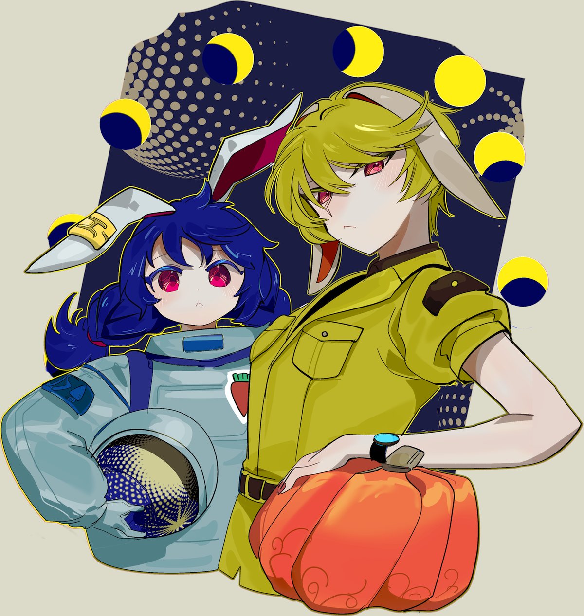 2girls, :<, animal_ears, astronaut, belt, blonde_hair, blue_hair, braid