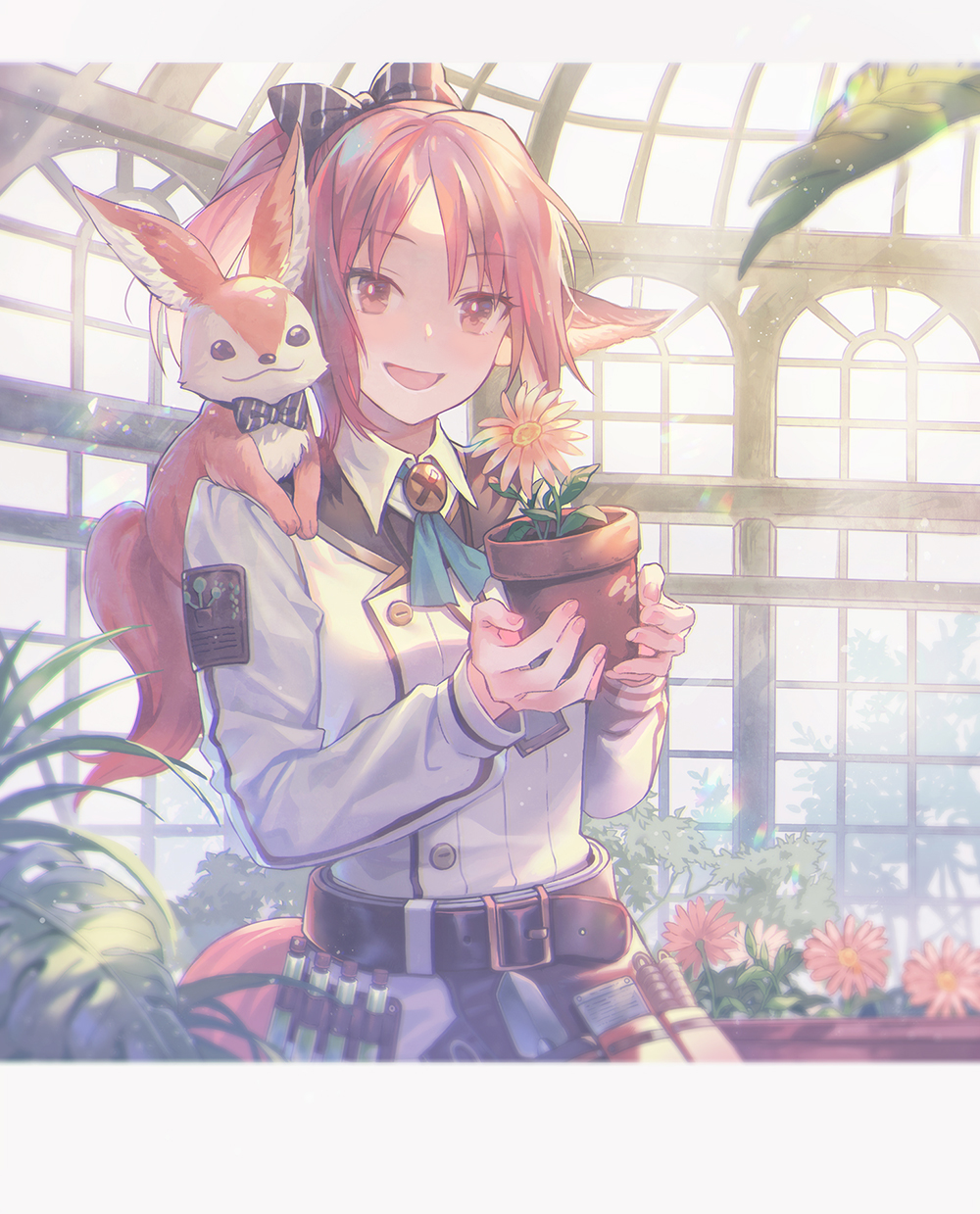 1girl, animal, animal_ears, animal_on_shoulder, arknights, belt, bow, bowtie