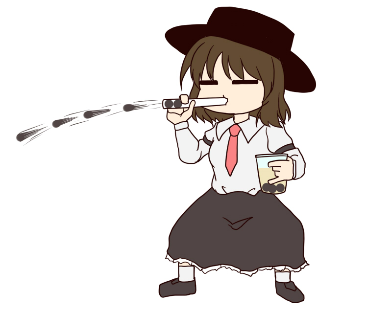 aqua0412, black_hat, black_shoes, black_skirt, brown_hair, bubble_tea, bubble_tea_challenge, closed_eyes