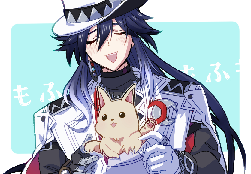1boy, animal, arm_belt, ashveil_(honkai:_star_rail), closed_eyes, commentary, cutoffs, dog, earrings, gloves, hair_between_eyes, honkai:_star_rail, honkai_(series), jacket, jewelry, lapel_pin, long_hair, male_focus, necklace, open_clothes, open_jacket, peppy_(honkai:_star_rail), pointy_ears, prosthesis, ring, sencha811, single_earring, single_glove, teeth, turtleneck, two-tone_background, untranslatable_commentary, upper_body, upper_teeth_only, white_fur