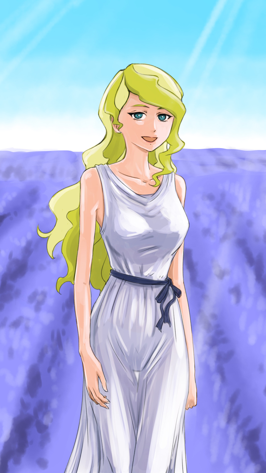 1girl, ancient_greek_clothes, blonde_hair, blue_eyes, blue_ribbon, breasts, collarbone, diana_cavendish, dress, greco-roman_clothes, green_hair, highres, lips, little_witch_academia, long_hair, looking_at_viewer, open_mouth, outdoors, pink_lips, ribbon, see-through_clothes, see-through_dress, sky, sleeveless, sleeveless_dress, solo, tsukahara_ukyou, waist_ribbon, wavy_hair, white_dress