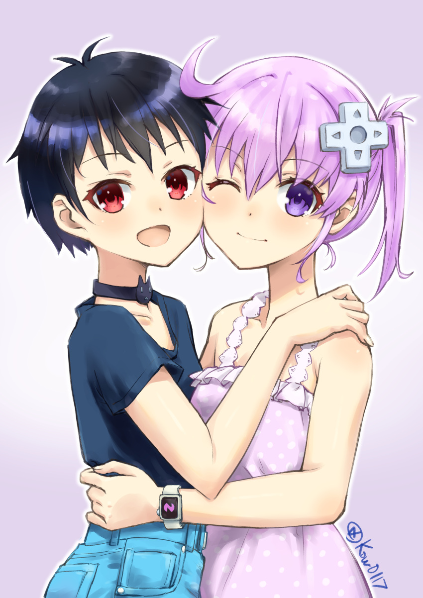 2girls, absurdres, alternate_hair_length_(shorter), antenna_hair, black_choker, black_hair, blue_eyes, blue_shirt, choker, closed_mouth, commentary_request, commission, d-pad, d-pad_hair_ornament, dress, fingernails, hair_between_eyes, hair_ornament, hand_on_another's_hip, hand_on_another's_shoulder, highres, kow_(kow0117), multiple_girls, nepgear, neptune_(series), one_eye_closed, open_mouth, outline, pink_dress, pixiv_commission, polka_dot, polka_dot_dress, purple_hair, red_eyes, shirt, short_hair, side_ponytail, smile, twitter_username, uni_(neptunia), very_short_hair, violet_eyes, watch, watch, white_outline