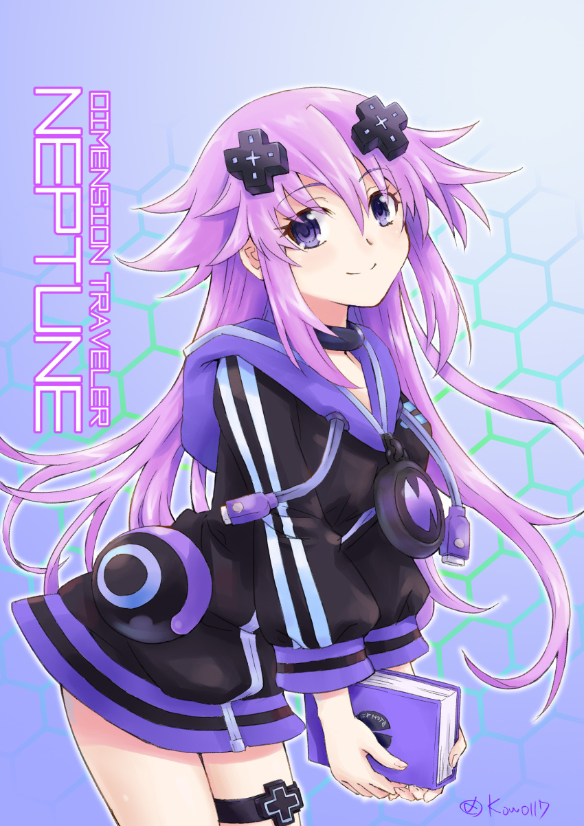 1girl, absurdres, adult_neptune, artist_name, blue_background, breasts, character_name, choker